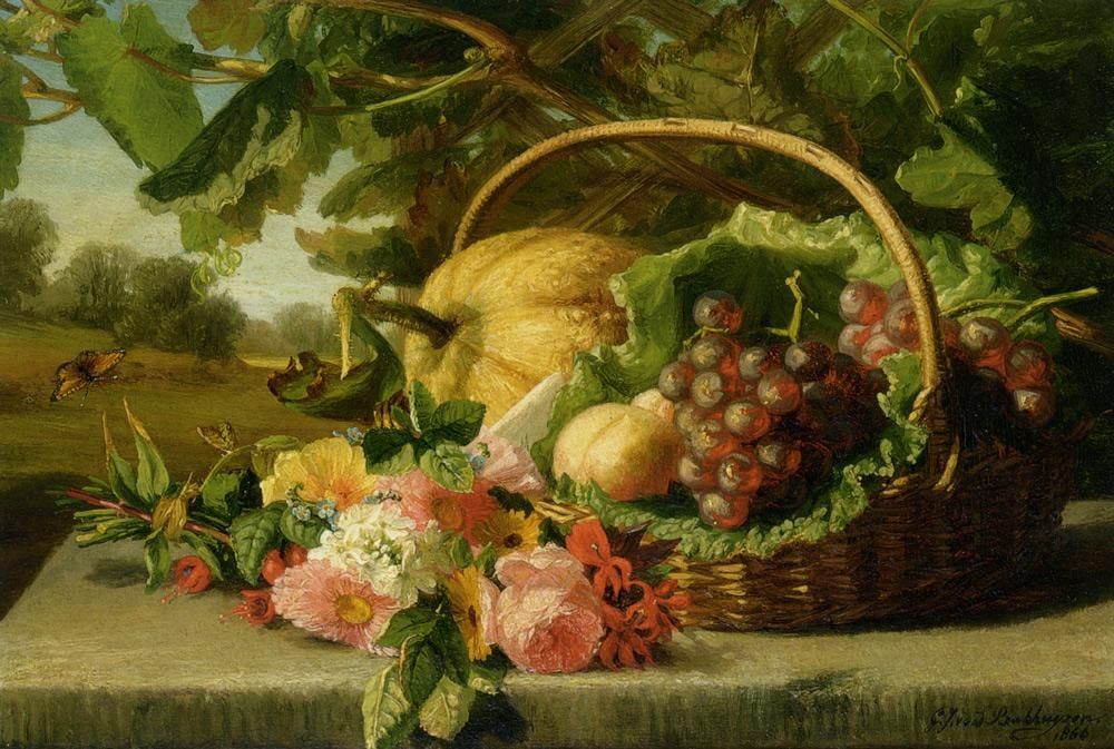 Geraldine Jacoba Van De Sande Bakhuyzen A still life with flowers grapes and a melon